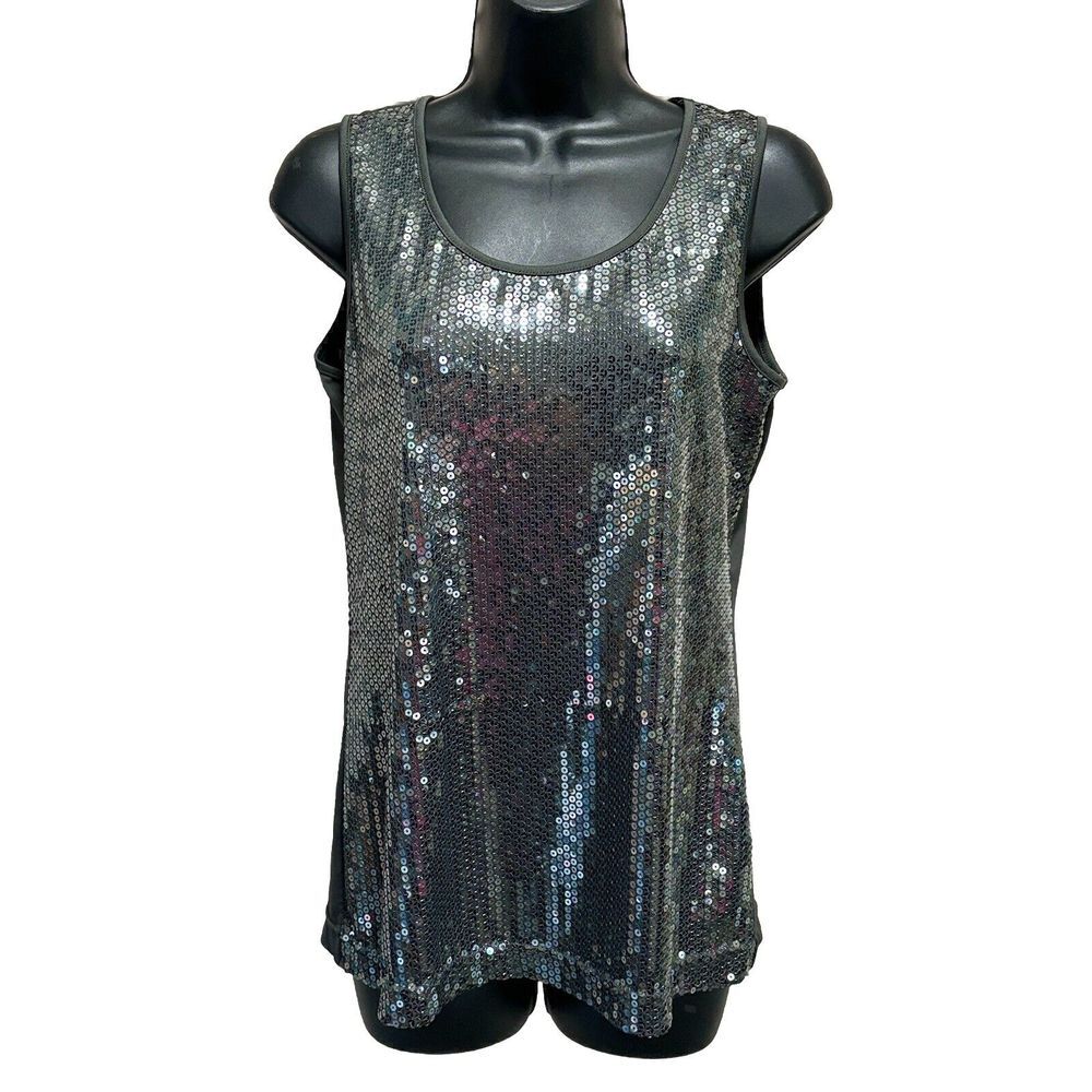 Notations Dark Gray Sequins Tank Blouse Size‎ M Sleeveless Mixed Materials
